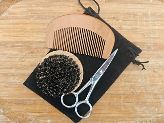 Backwoods Beard Kit | Beard Grooming Travel Kit | Circle Boar Bristle Brush + Wooden Comb + Stainless Steel Scissors